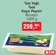 BİNVEZİR TAM YAĞLI TAZE KAŞAR PEYNİRİ 1000 G